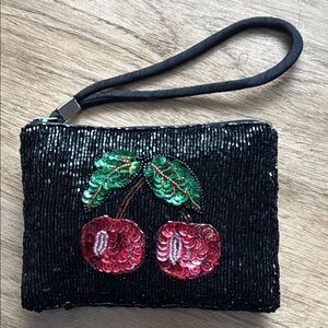 Beaded Sequin Cherry Black Wristlet